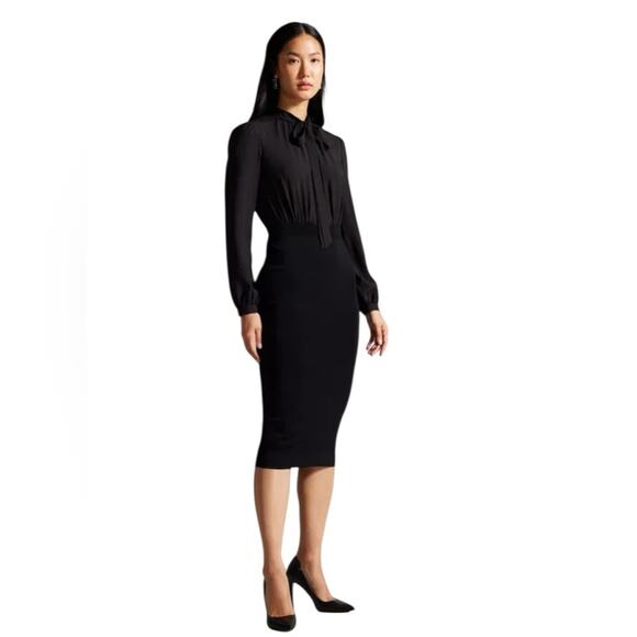 Ted Baker Mersea Black Knit Pencil Dress Neck Bow size 1 US Small